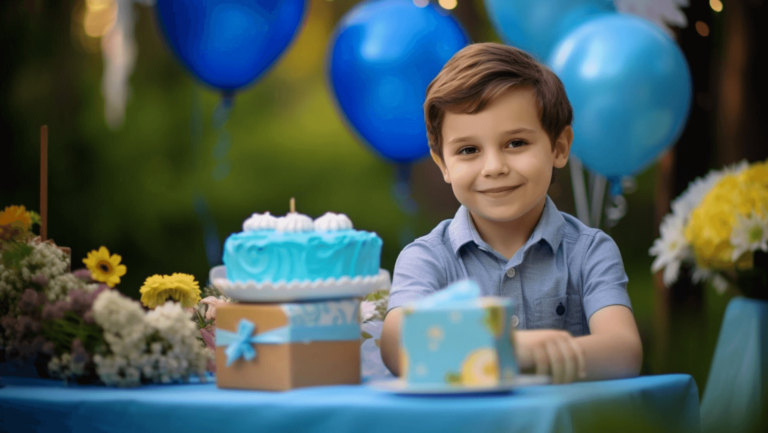 uśmiechnięte dziecko siedzi przy stole na którym jest tort urodzinowy